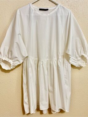 Zara White Puff-Sleeve Casual Dress